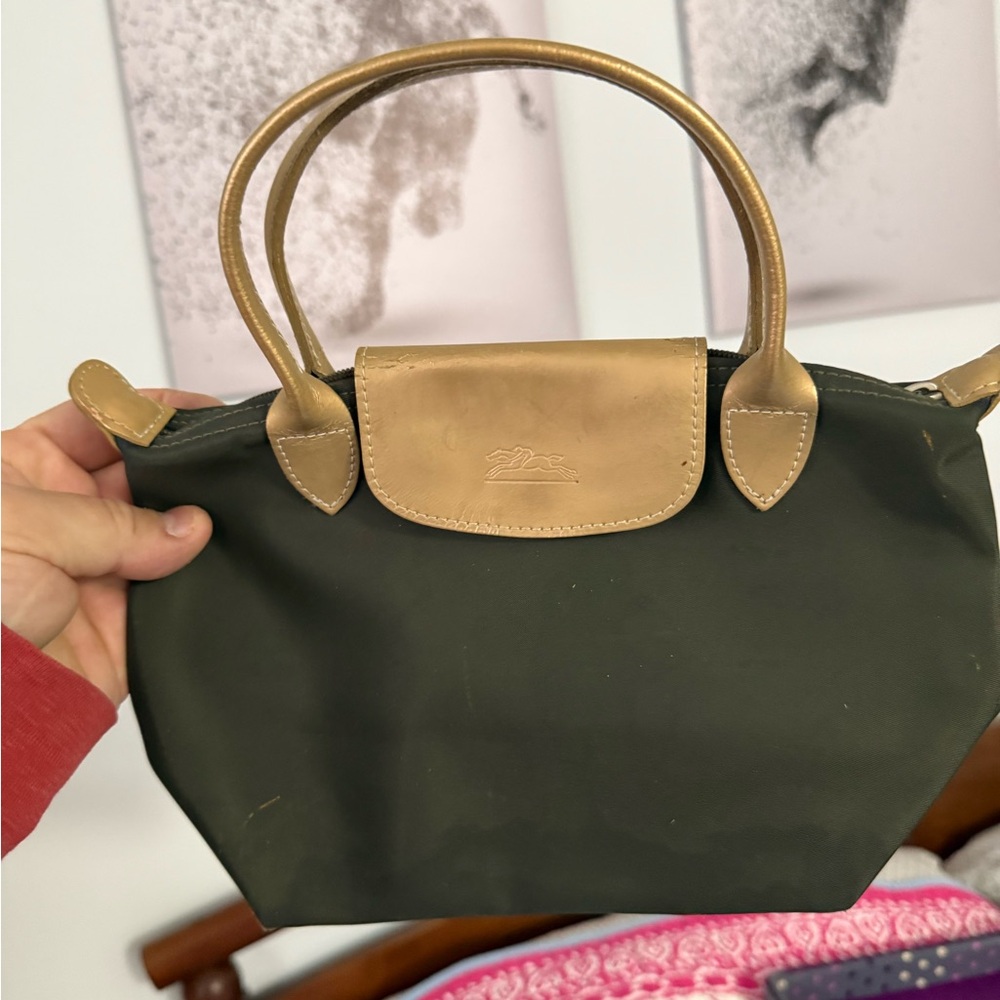 Longchamp Green and Tan Tote with Leather Handles
